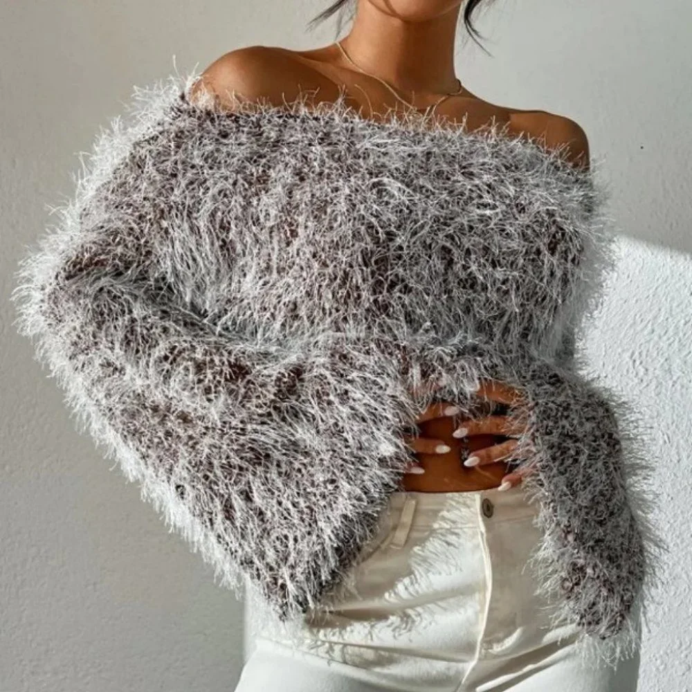 fluffy knit Off Shoulder Trumpet Sleeve Sweater Top Brown - Picture 6 of 9